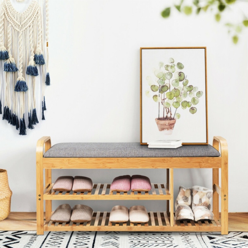 3-Tier Bamboo Shoe Rack Bench With Cushion – Natural
