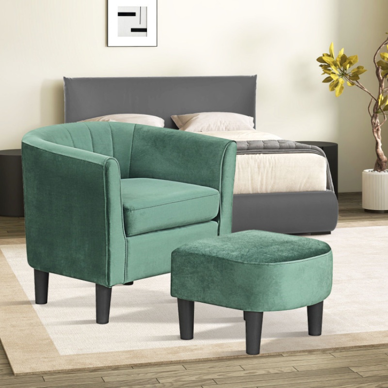 Upholstered Teddy Velvet Club Barrel Chair With Ottoman With Footrest-Green