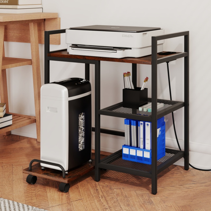 Costway Printer Stand with Charging Station and Storage Shelves – Rustic Brown