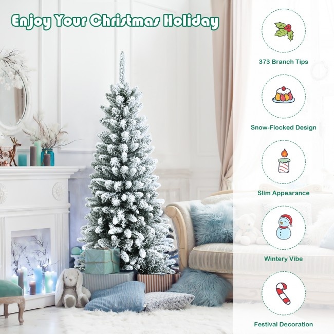 Snow-Flocked Hinged Artificial Christmas Pencil Tree With Mixed Tips