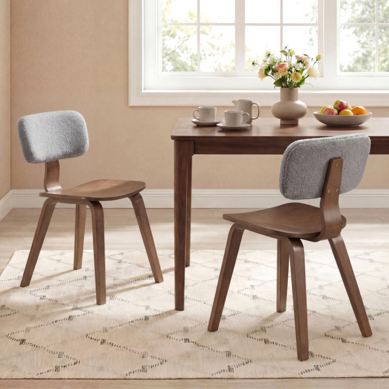 Set Of 2 Rubber Wood Dining Room Chairs With Teddy Velvet Padded Backrest-Walnut