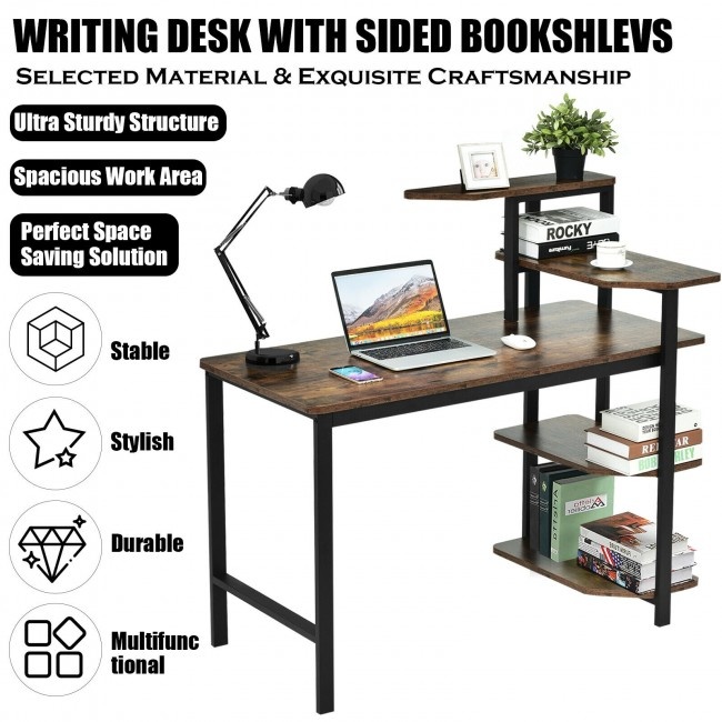 Computer Desk Writing Study Table With Storage Shelves Home Office Rustic Brown