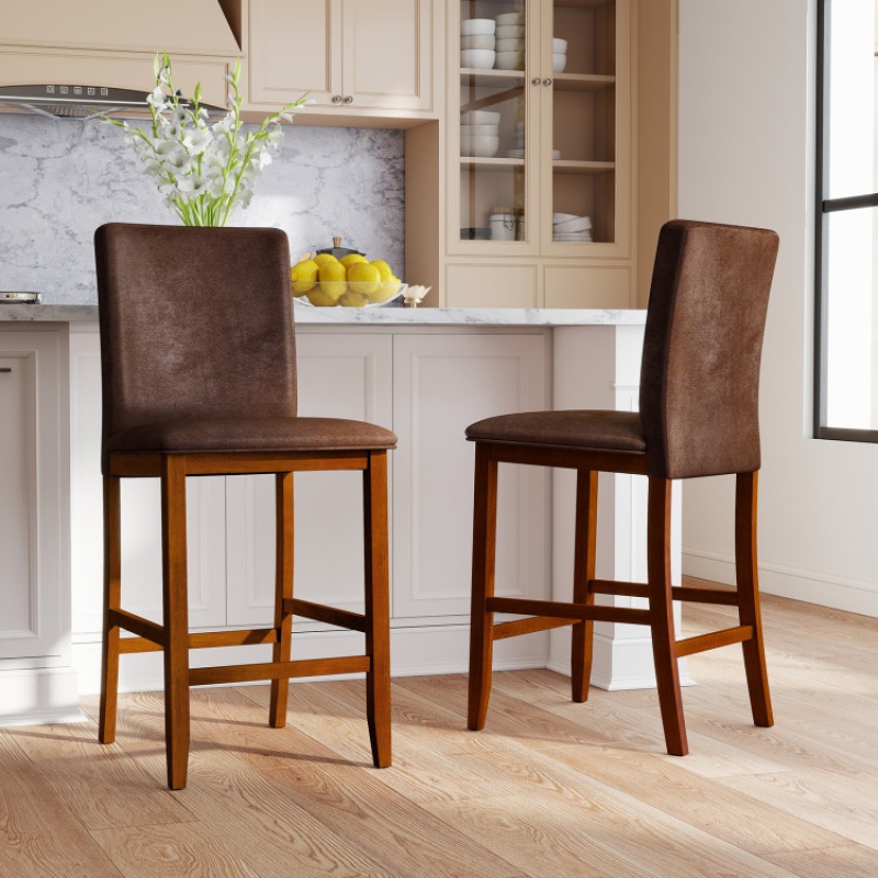 Set Of 2 Counter Barstools With Rubberwood Legs And Upholstered Seat-Walnut