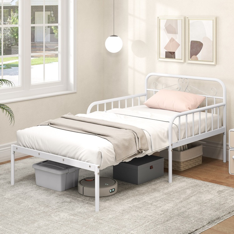 White Extendable Metal Daybed with Guardrails and Armrests