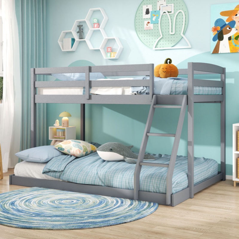 Twin Over Full Bunk Bed Low Floor Bunk Bed Frame-Gray
