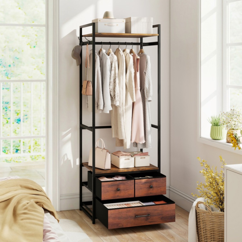 Rustic Brown Clothes Rack with Drawers, Shelves, and Side Hooks