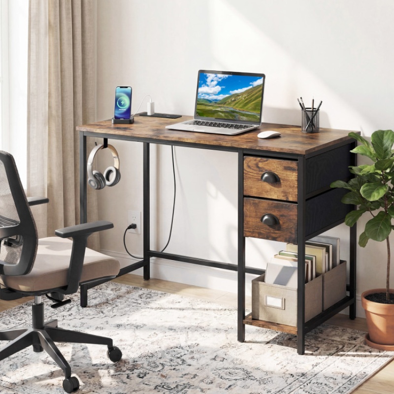 Computer Desk With Charging Station And 2 Fabric Drawers For Small Spaces-Rustic Brown