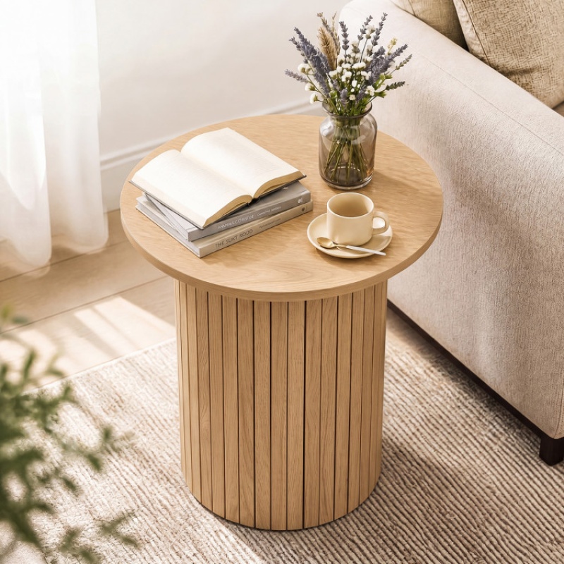 18" Round Fluted Side Table With Pedestal Drum Design And Non-Slip Foot Pads For Small Spaces-Natrual