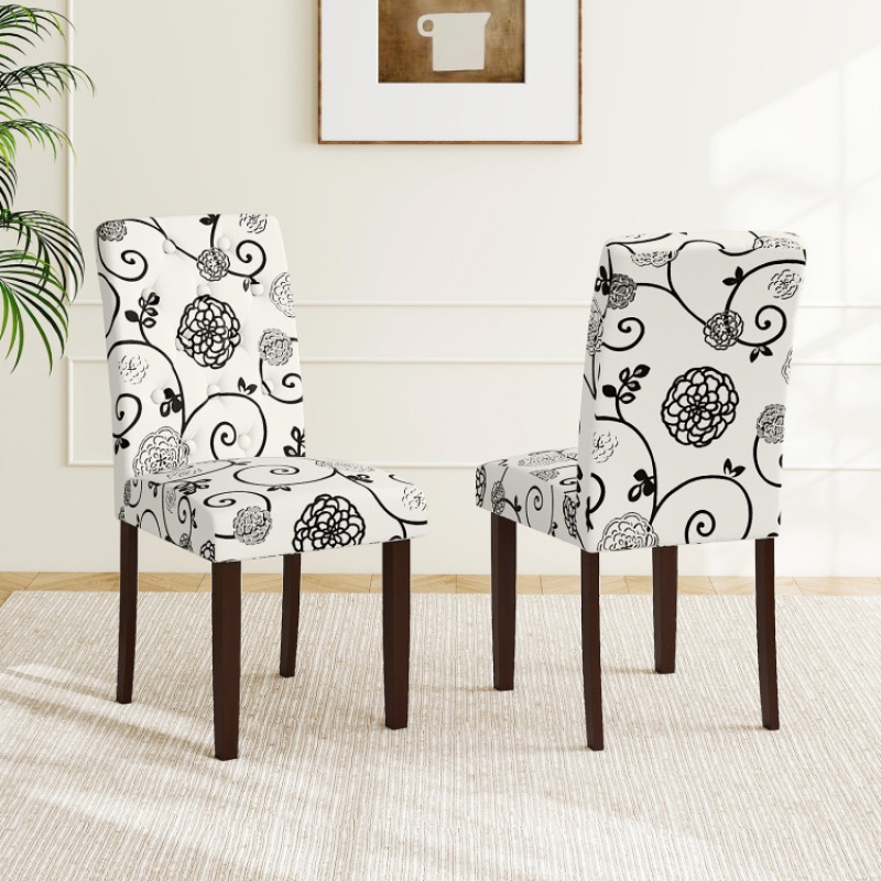 Button Tufted Fabric Upholstered Wooden Dining Chair Set Of 2 With High Curved Back-Beige