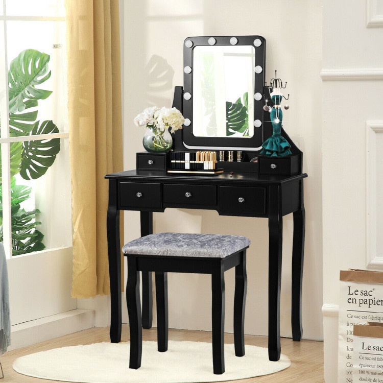 Vanity Dressing Table Set With 10 Dimmable Bulbs And Cushioned Stool-Black