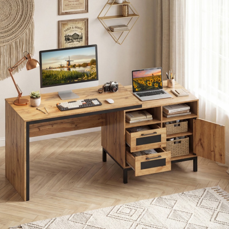 71-Inch Computer Table With Open Compartments And Drawers-Natural