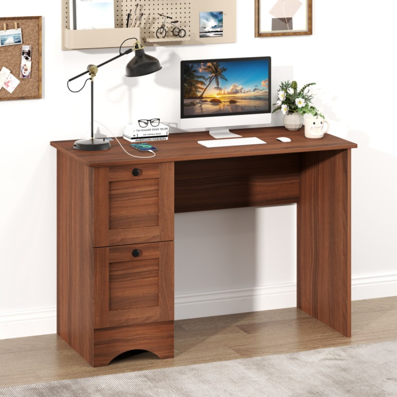 Walnut Vintage Wooden Computer Desk with 2 Side Drawers and 1 Long Drawer