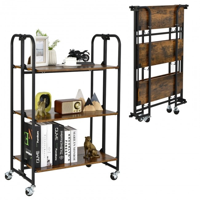 3Tier Folding Kitchen Utility Serving Island Cart With Storage Shelves