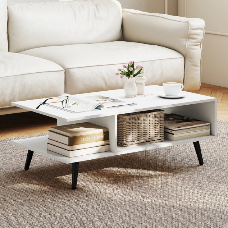 Mid Century Modern Rectangle Coffee Table 2-Tier Accent Table With 2 Open Compartments-White
