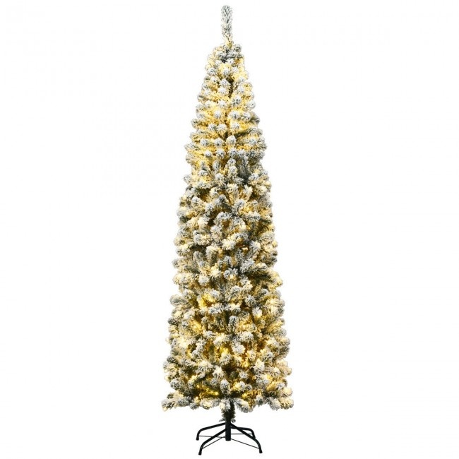 7.5 Feet Pre-Lit Snow Flocked Artificial Pencil Christmas Tree With Led Lights