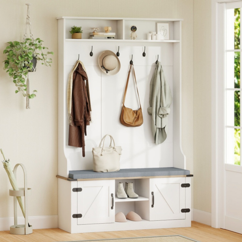 4-In-1 68.5 Inch Tall Coat Rack With Cushioned Bench And Shoe Storage-White
