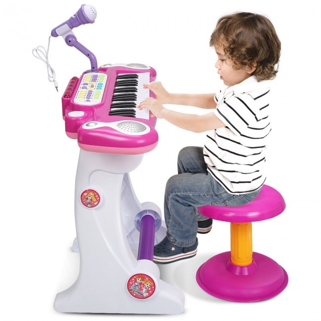 Kid's 37Key Electronic Piano Toy With Microphone & Stool Color Pink
