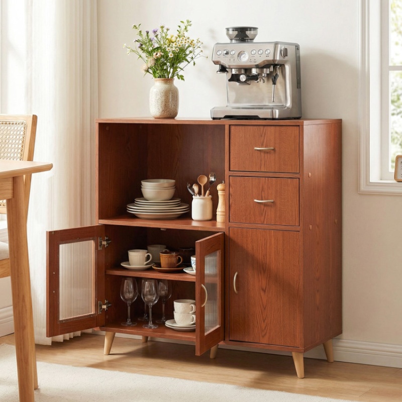 36 Inch Sideboard Buffet Cabinet With Open Compartment-Brown