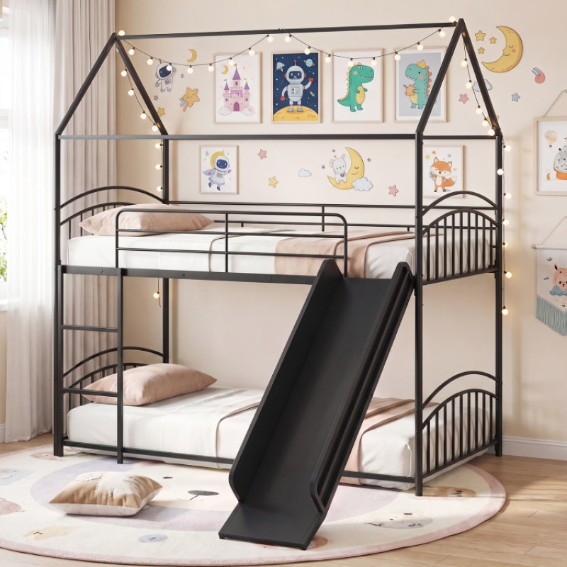 Bunk Bed Twin Over Twin House Bunk Bed Frame With Metal Slats-Black