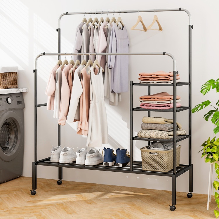 Rolling Double Rods Garment Rack with Adjustable Hanging Bars