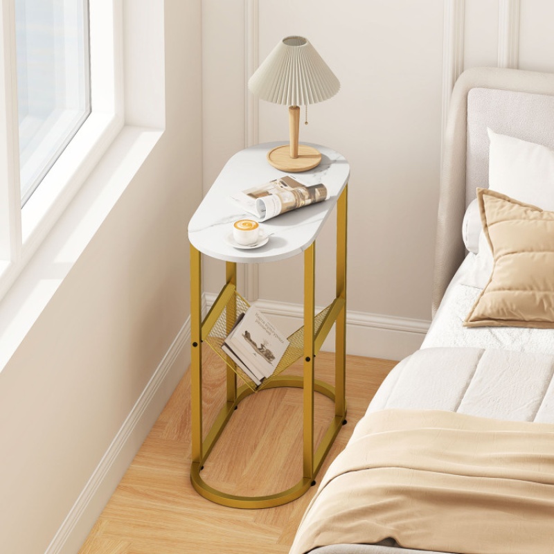 2-Tier Industrial Oval Side Table With Mesh Shelf-White