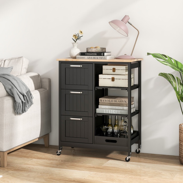 Rolling Kitchen Island Utility Storage Cart With 3 Large Drawers-Black