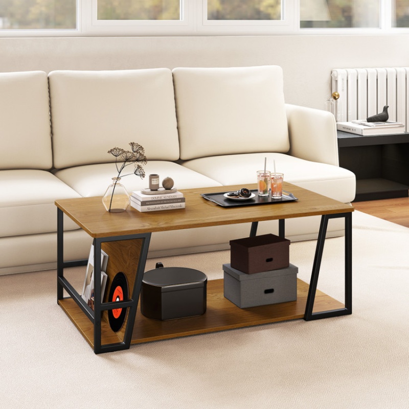 Rectangle 2-Tier Industrial Coffee Table with Storage Shelf