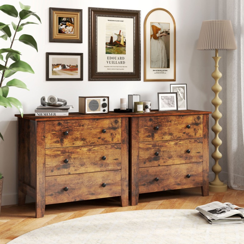 2-Pack 3 Drawer Dresser Chest Of Drawers Bedside Table-Brown