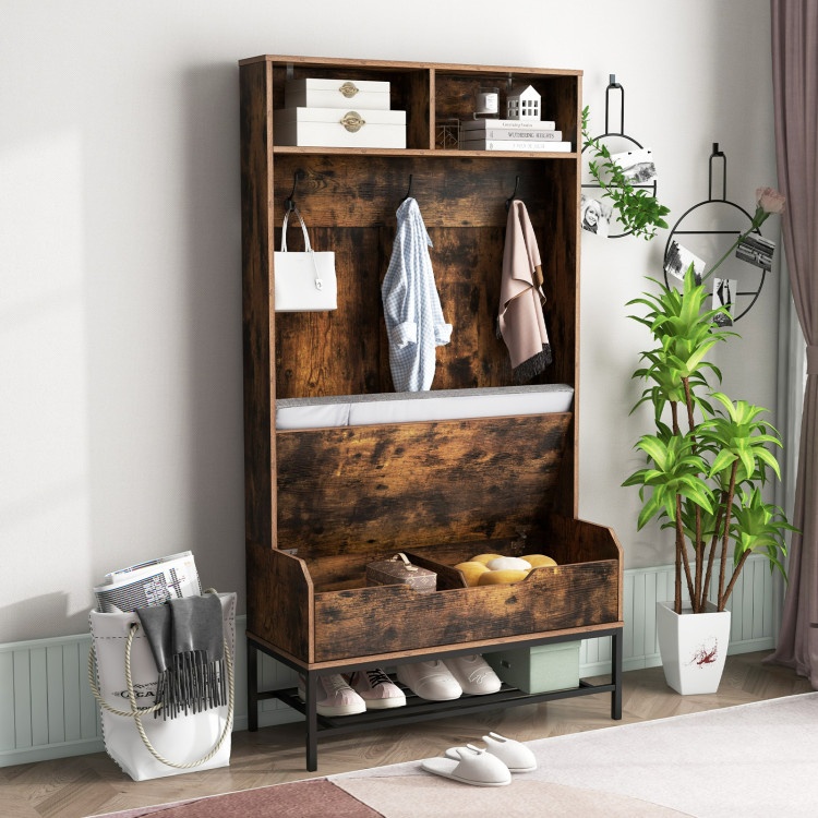 69 Inches Tall Hall Tree 4-In-1 Coat Rack With Seat Cushion And Shoe Storage-Rustic Brown