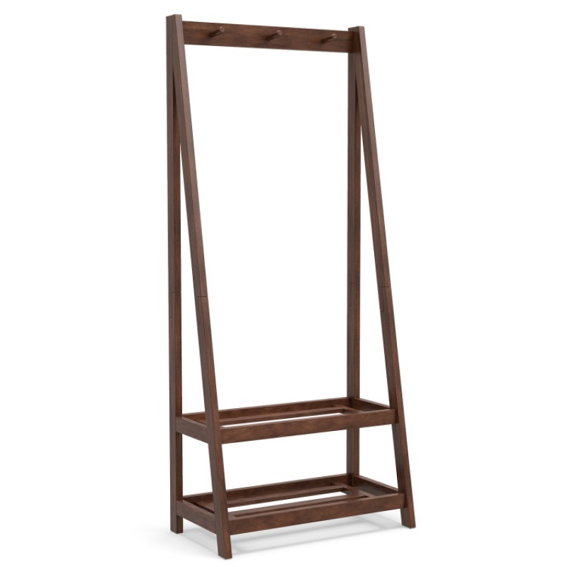 Freestanding Clothes Rack With 3 Hooks And 2 Shelves-Walnut