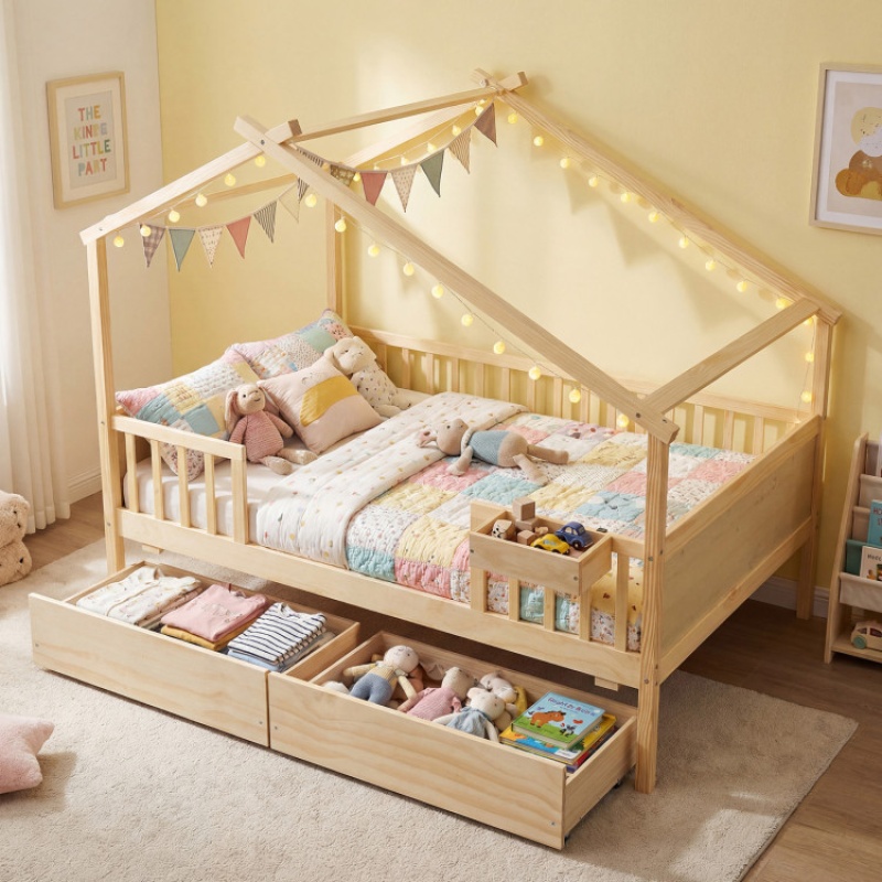 Full Size House Bed With Roof And Fence Rails For Kid-Natural