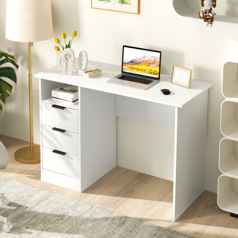 Home Office Desk With Power Outlet 3 Storage Drawers And Open Compartment-White
