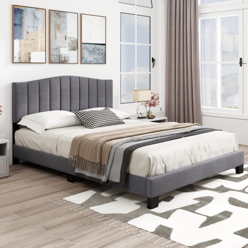Modern Upholstered Bed Frame With Adjustable Vertical Channel Tufted Headboard-Queen Size
