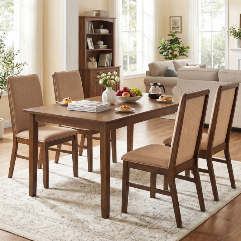 Set Of 4 Upholstered Dining Chairs With Solid Rubber Wood Legs-Brown