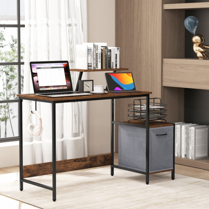 Computer Desk With Reversible Storage Drawer and Moveable Shelf - Brown