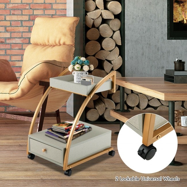 Modern Tray Top 4 Casters Rolling End Table With Storage Drawer