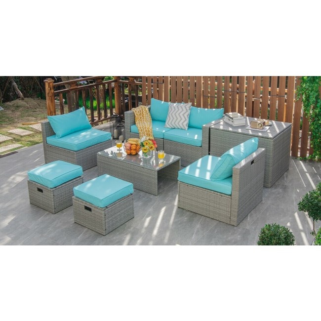 8 Pieces Patio Cushioned Rattan Furniture Set With Storage Waterproof Cover And Space-Saving Design