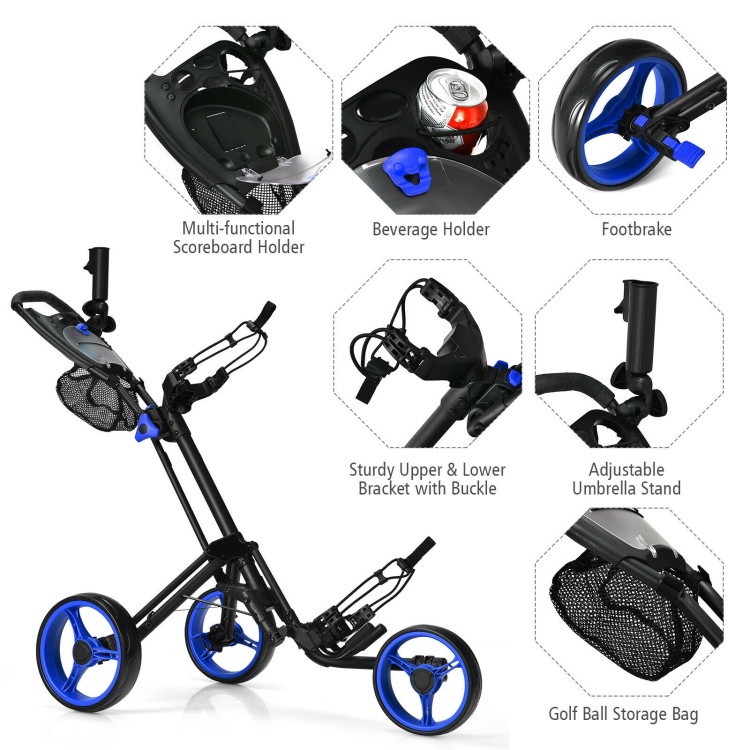 3 Wheel Folding Golf Push Cart With Brake Scoreboard Adjustable Handle