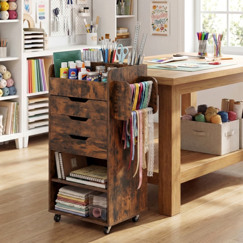 Utility Trolley With Open Shelves And 3 Drawers