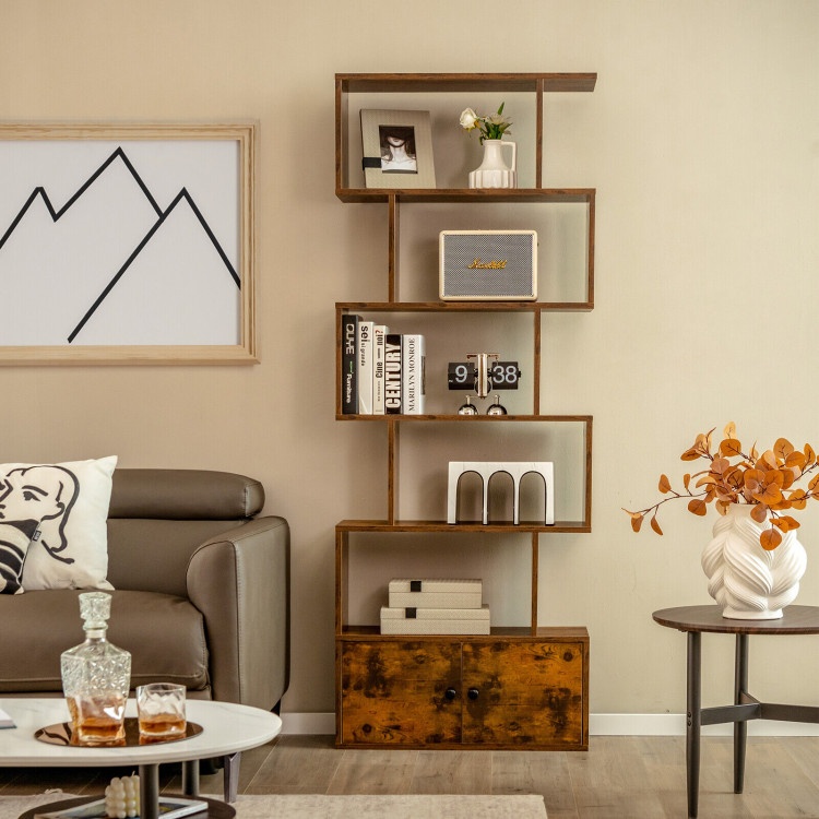 6-Tier S-Shaped Freestanding Bookshelf With Cabinet