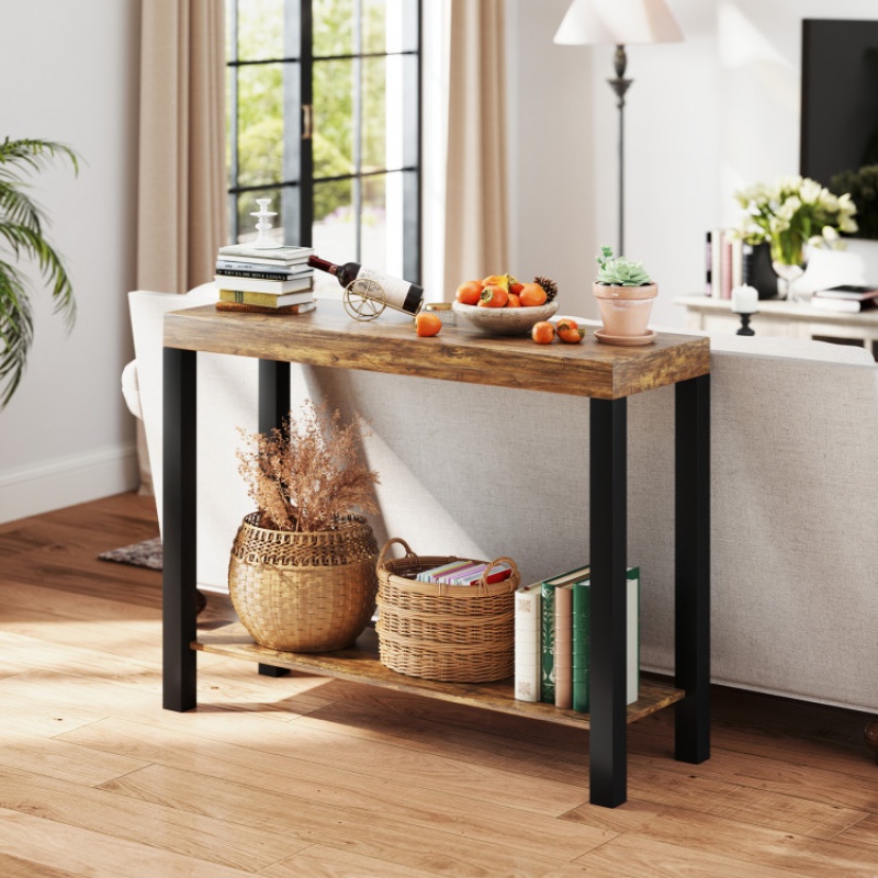 2-Tier Home Bar Table With Open Shelves And Storage For Home Kitchen Living Room Pub-Rustic Brown