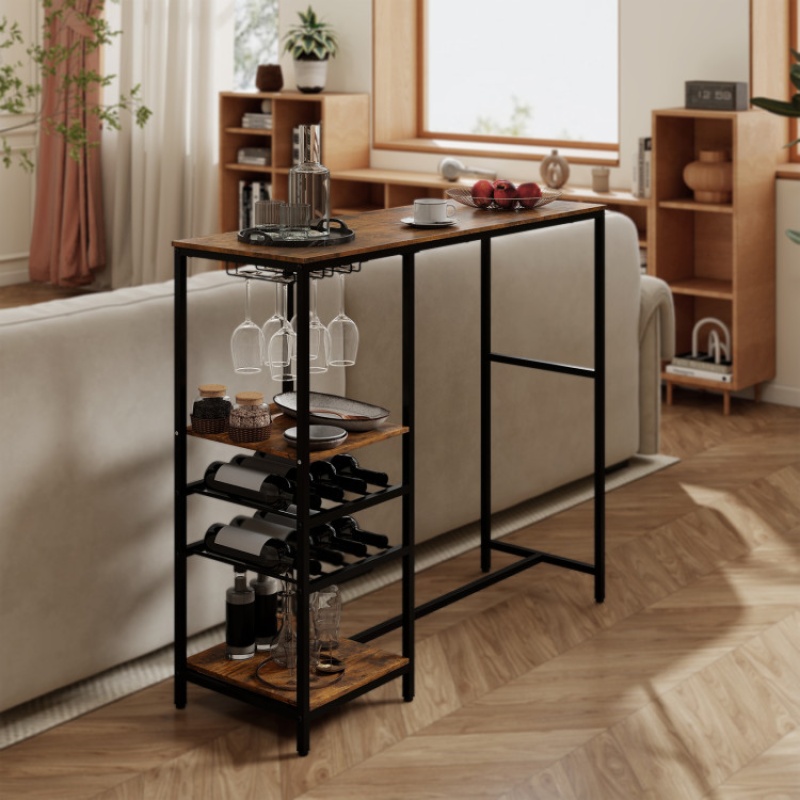 Long Bar Table Bar Height Dining Table With Storage Shelves-Rustic Brown