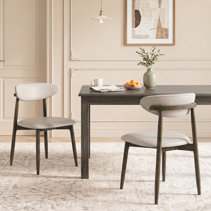 Set Of 2 Wooden Modern Upholstered Dining Chairs With Curved Backrest-Beige