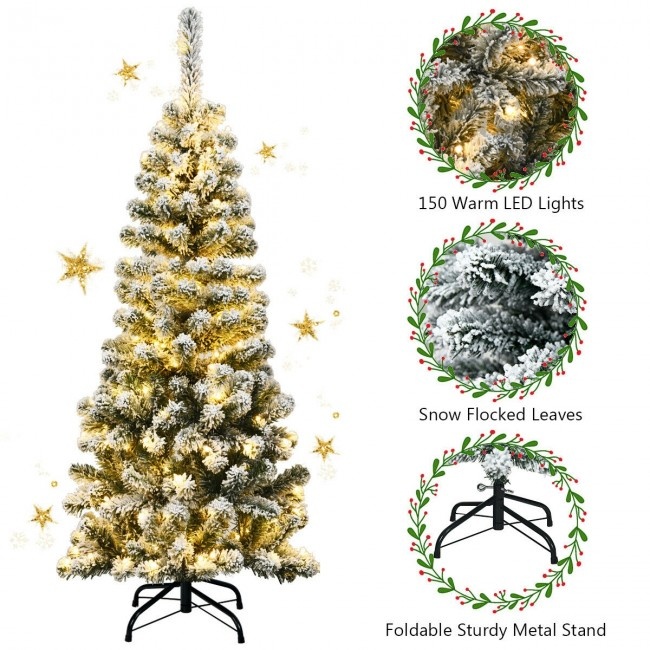 4.5 Feet Pre-Lit Snow Flocked Pencil Christmas Tree With 150 Led Light