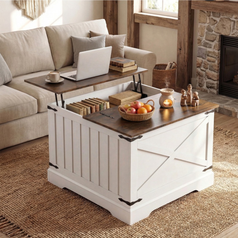 Farmhouse Lift Top Coffee Table With Hidden Storage Compartment-Rustic Brown