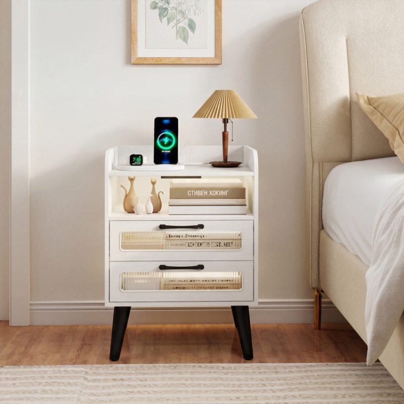 Mid Century Modern Nightstand With Charging Station And LED Lights