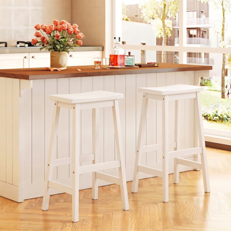 29" Set Of 2 Saddle-Seat Counter Height Stools With Curved Seat And Footrests-Beige