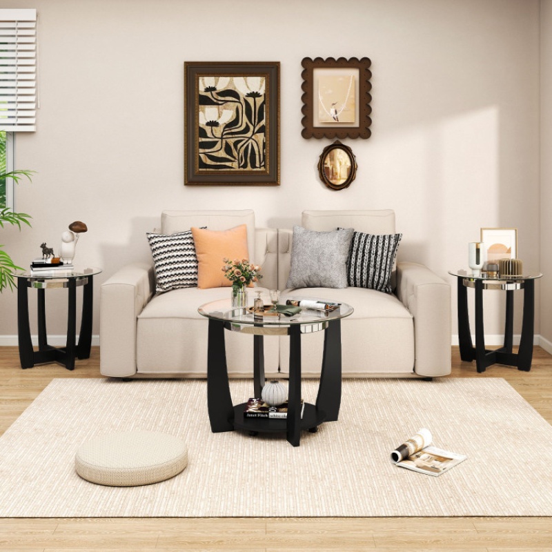 Tempered Glass Coffee Table Set Of 3 For Living Room Bedroom-Black