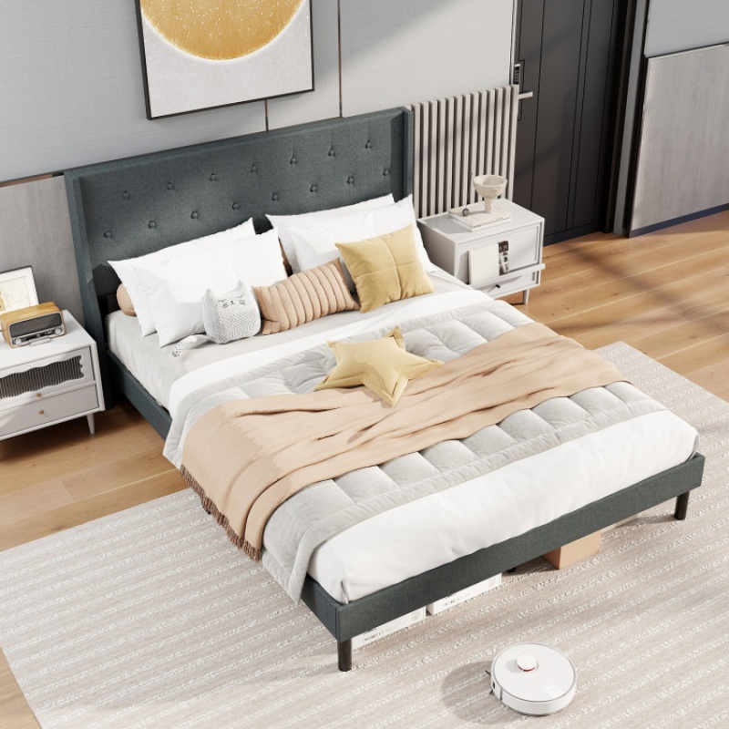 Queen Upholstered Bed Frame with Wingback Headboard