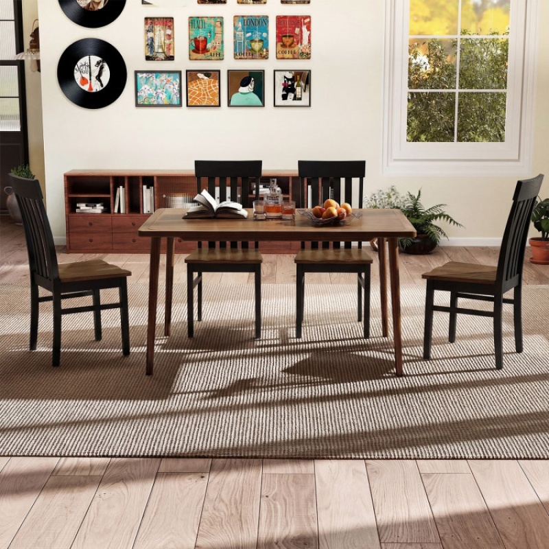 Set of 2 Kitchen Armless Dining Chairs with Slatted High Backrests - Black